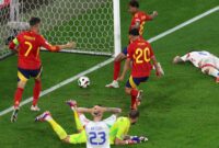 Gol bunuh diri bek Italia Riccardo Calafiori No 5  terkena Lutut / Foto: X Euro2024