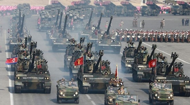 Ilustrasi parade kendaraan lapis baja dan tank Korea Utara
