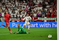 Jamal Musiala Gol menit ke-68 lewat apik ke sudut kanan gawang Denmark,  / Foto: X euro2024