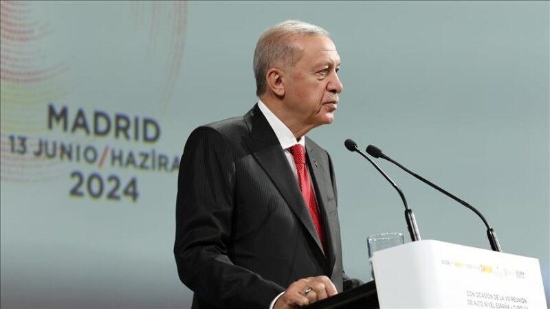 Presiden Recep Tayyip Erdogan saat berbicara di forum bisnis Turki-Spanyol di Madrid Pada Kamis (13/6/2024). FOTO: Anadolu Ajansı