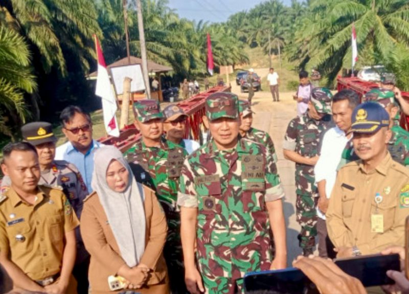 Pangdam I/Bukit Barisan, Mayjen TNI Hendy Antariksa, meninjau penyelesaian pembangunan infrastruktur darurat di Kecamatan Wampu, Kabupaten Langkat. (Foto: Dok. PTPN IV PalmCo)