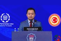 Ketua Badan Kerja Sama Antar-Parlemen (BKSAP DPR RI), Dr. H. Syahrul Aidi Maazat, Lc., M.A., saat menyampaikan pernyataan dalam Sidang Umum Inter-Parliamentary Union (IPU) ke-152 di Istanbul, Turki. (Foto: Dok. BKSAP DPR RI)