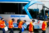 Para WNA terduga pelaku sindikat judol jaringan internasional berjalan menuju bus untuk dipindahkan ke imigrasi setelah berhasil ditangkap di Hayam Wuruk Plaza Tower, Jakarta Barat, Minggu (10/5/2026). (Foto: Fir/Mercinews.com)